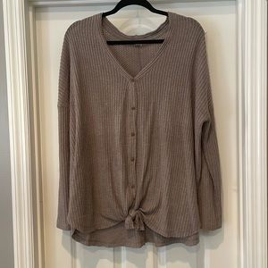 White and Taupe Wishlist Button Down Front Knot Waffle Knit Top